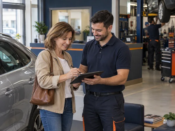 Cliente firmando en una tablet durante la recepción de su vehículo