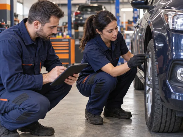 Técnicos revisando una rueda y registrando la revisión en una tablet